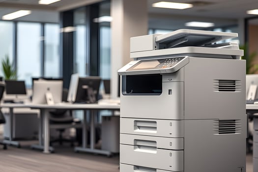 Office copier stands prominently in a modern workspace, symbolizing productivity, technology, and essential equipment for business operations and document management. photo