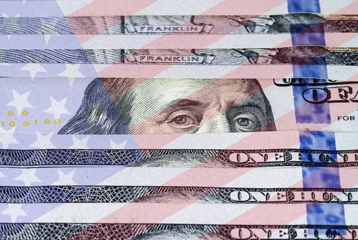 Row of hundred dollar banknotes photo