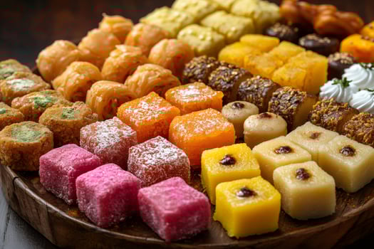 Colorful assorted desserts displayed on wooden tray, showcasing variety of treats photo