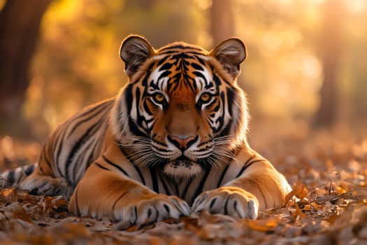 Majestic tiger resting in the warm sunlight of forest floor photo