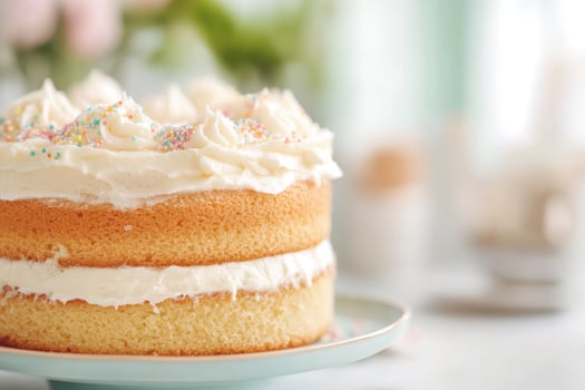 Delicious vanilla layer cake with creamy frosting and colorful sprinkles on a decorative plate in a bright kitchen setting photo