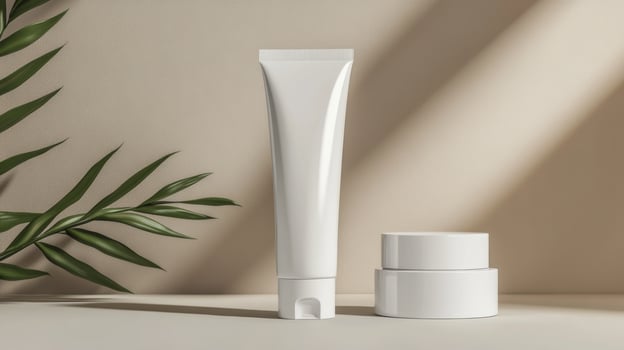 A tube of cream and a container of cream next to a plant photo