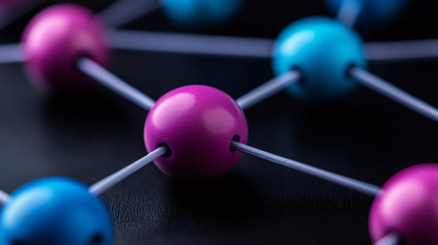 Interconnected wooden beads symbolize teamwork, network, and communication photo