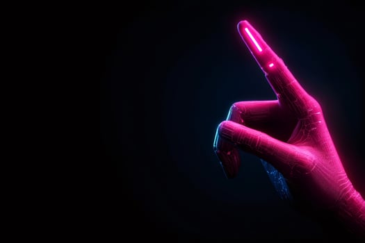 Robotic hand pointing with index finger in neon lights photo