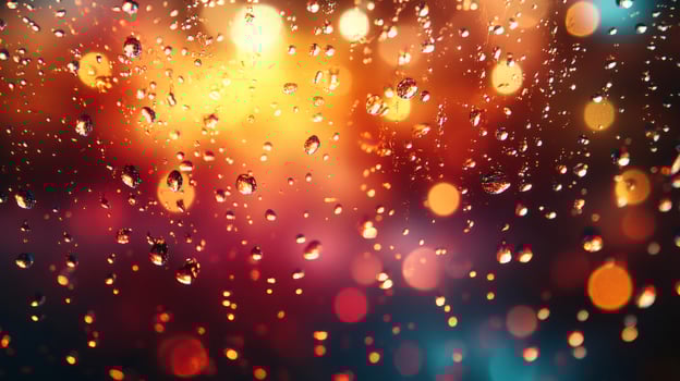 Rain drops falling on glass with colorful bokeh background photo