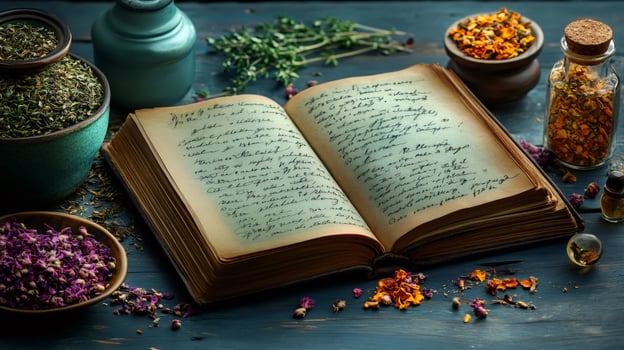 Natural medicine recipe book with ingredients for preparing herbal remedies photo