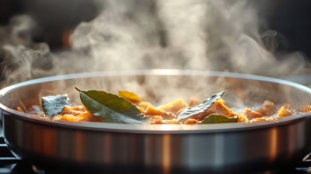 Steaming hot food cooking in pan with bay leaves, aromatic culinary delight photo