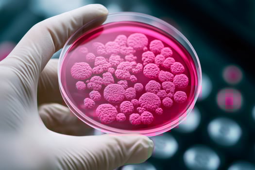 Scientist holding petri dish with growing bacteria colonies photo