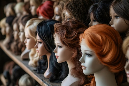 Mannequins wearing colorful wigs in a wig shop display photo