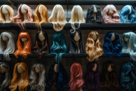 Colorful wigs hanging on display in a beauty salon or specialty store photo