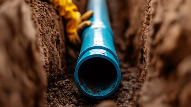 Construction worker installing blue pvc pipe in trench photo
