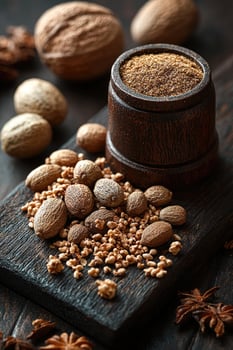 Ground Nutmeg and Whole Nutmeg Seeds Displayed on Wood photo