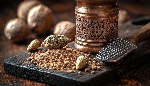 Ground nutmeg mace and whole spices on dark wood photo
