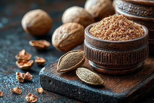 Ground Nutmeg In Wooden Bowl With Whole Nutmegs photo