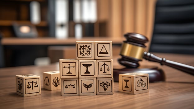 Wooden Cubes with Legal Symbols and Gavel photo