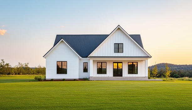 Modern White House Exterior Serene Landscape Photo with Background and Copyspace