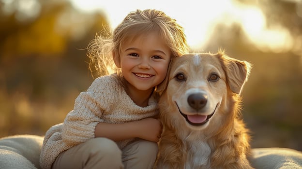 Smiling girl hugs dog in summer, friendship between child and dog photo