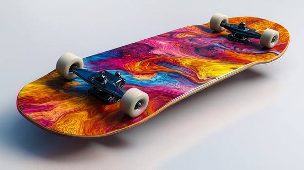 A colorful skateboard with bold graphics on an isolated light background lies wheels up photo