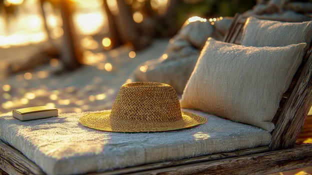 A wooden chaise lounge with a folded straw hat on a cushion and books on the beach in the shade under a palm tree photo