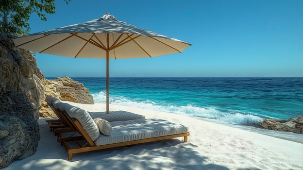A chaise lounge with soft cushions under a beach umbrella stands on the beach in the summertime photo