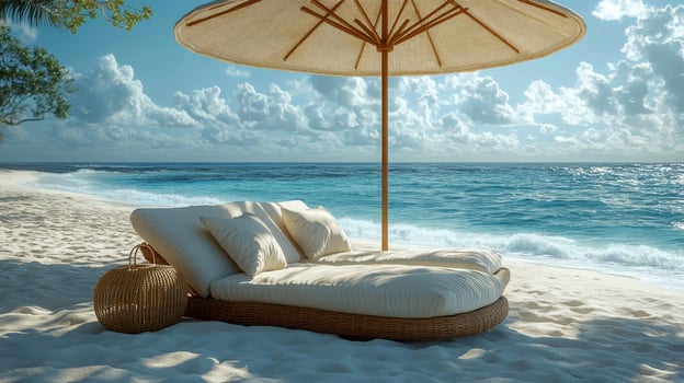 A chaise lounge under a beach umbrella with cushions and mattress stands on the fine white sand photo