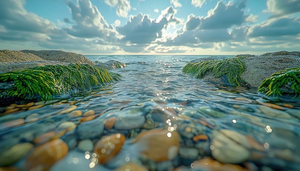 Serene Coastal Scene Rocks Seaweed Clear Water photo