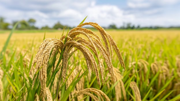 Sunlit Paddy Field with Ripe Yellowing Rice photo