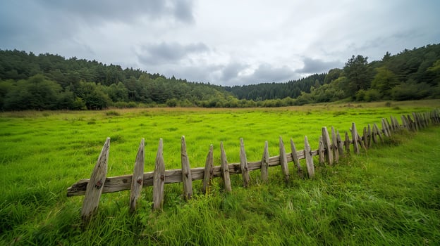 Cloudy Sky Over a Meadow and Wooden Fence photo