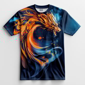 An orange and blue dragon t - shirt with a fiery design photo