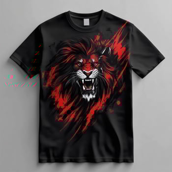 A black and red t - shirt with a lion head photo