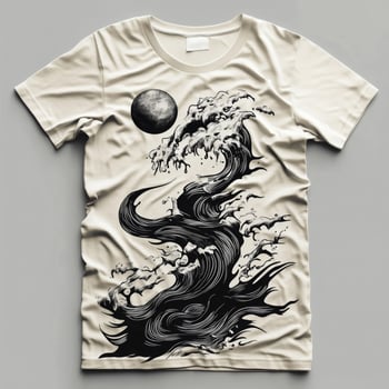 A t - shirt with a black and white design of a wave and moon photo
