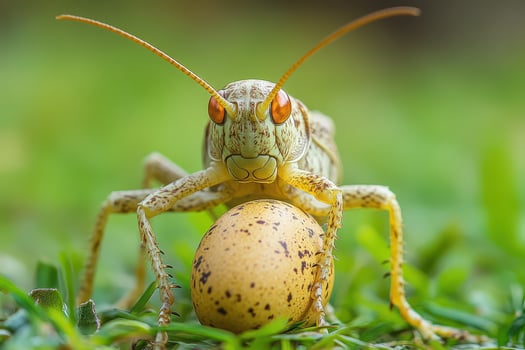 A grasshopper with an egg on the grass photo
