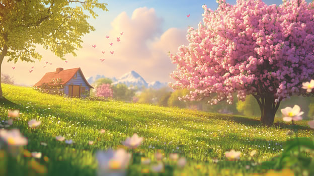 Experience the first day of spring with blooming flowers, soft sunlight, and vibrant green grass, creating a serene and refreshing atmosphere. photo
