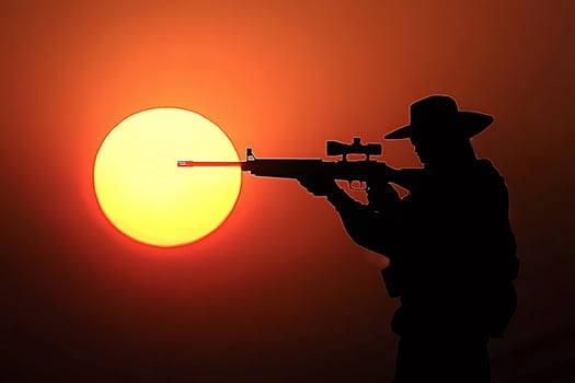 Sniper aiming with rifle at sunset silhouette photo