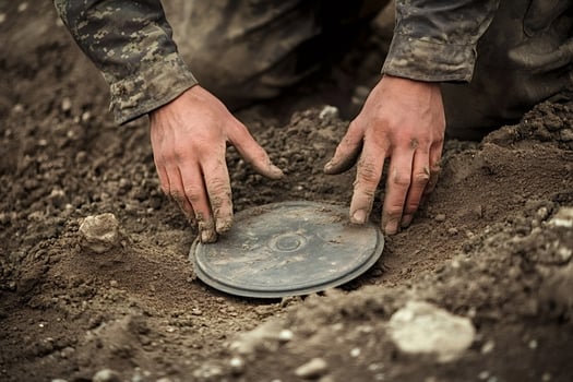 Carefully placing anti-personnel landmine in ground during military operation photo