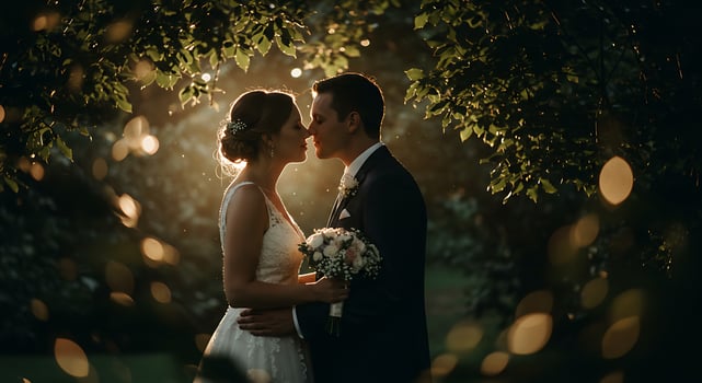 Newlyweds sharing a tender moment under a canopy of foliage - Generated using AI photo