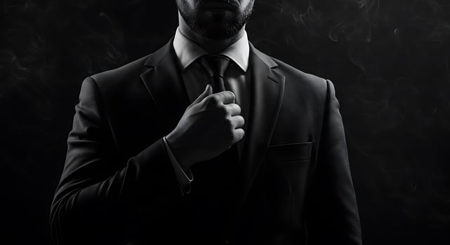Monochrome image of a suited man adjusting his tie against dark backdrop - Generated using AI photo