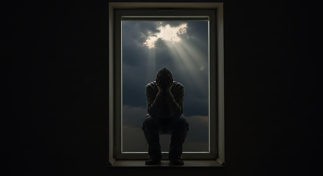 Silhouette of despair in a window frame against a dramatic sky - Generated using AI photo