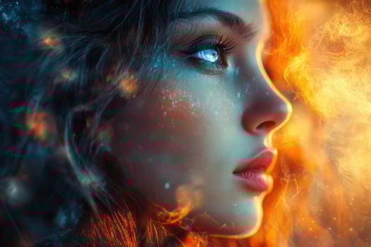 A woman with blue eyes and fire in her hair photo