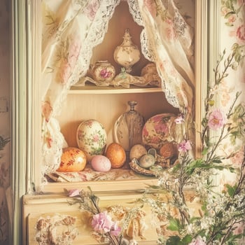 A vintage china cabinet with flowers and other decorations photo