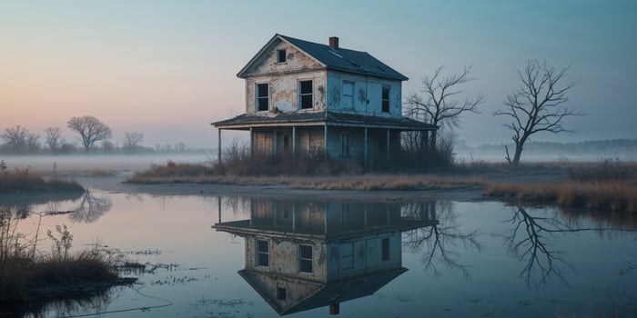 Abandoned house reflecting in still water near a desolate landscape during twilight hours photo