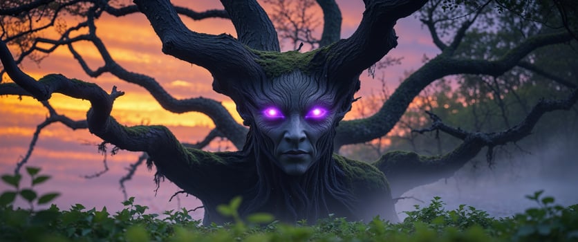 Glowing Purple Eyes of a Dark Mystical Tree Being at Sunset. photo