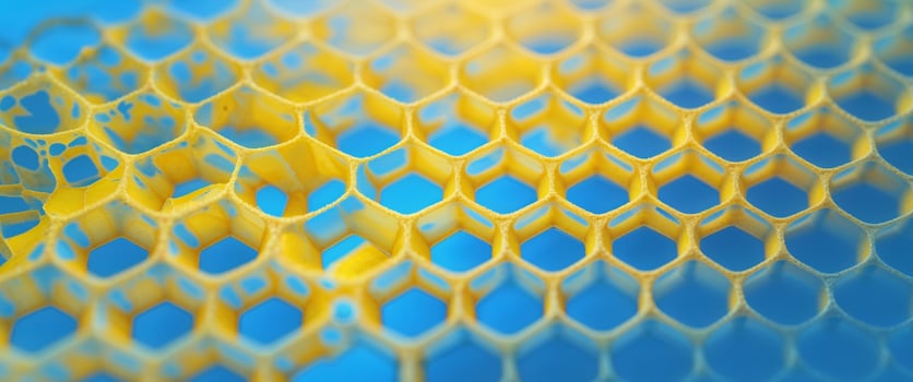 A close up of a honeycomb with yellow and blue photo