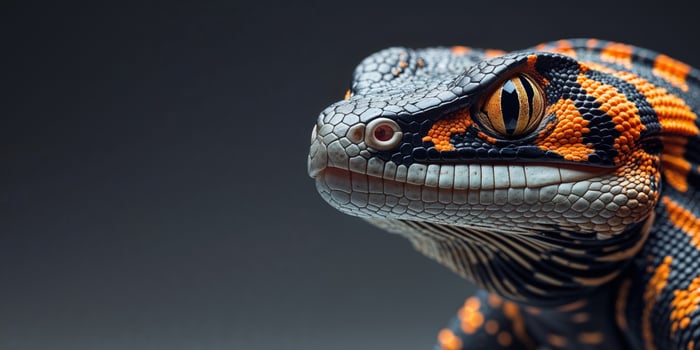 A close up of a lizard with orange and black stripes photo