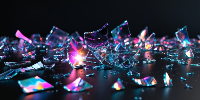 Broken glass on a black surface with a rainbow effect photo
