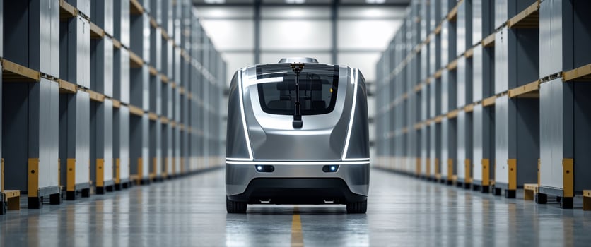 A robot is driving through a warehouse photo