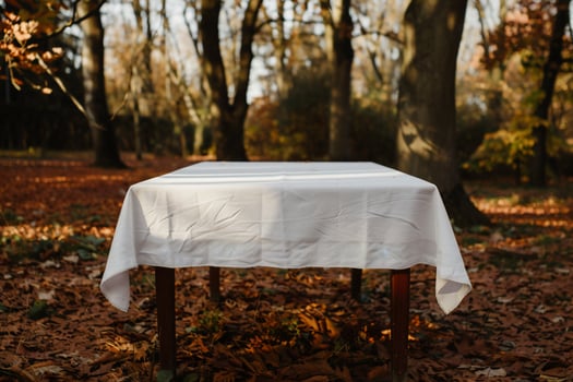 Empty white tablecloth on a wooden table in autumn forest photo