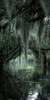 Moss drapes over tranquil waters photo