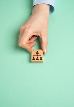 A hand holds a block with a symbol of hierarchy in a company or community. Leadership, organizational structure, and team coordination in businesses or communities. photo