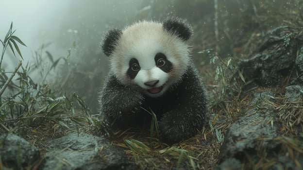 Baby Panda Playing in Misty Bamboo Forest photo